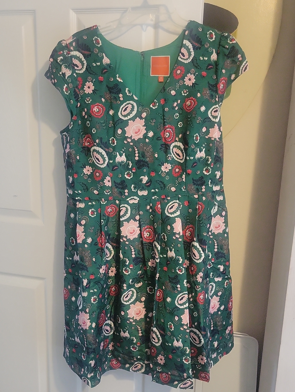 ModCloth Sz1x Green Floral Fit-and-Flare Mini Dress Pink Accents pleated skirt